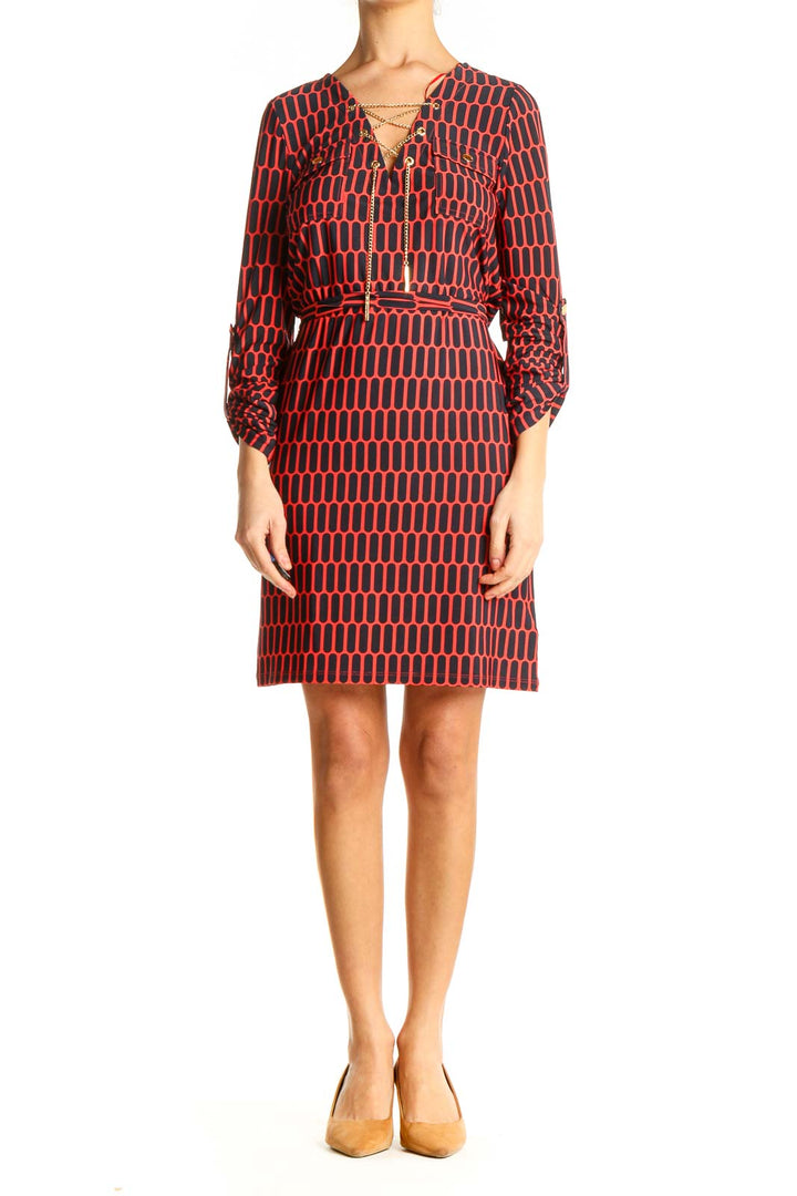 Red Geometric Print Classic Sheath Dress