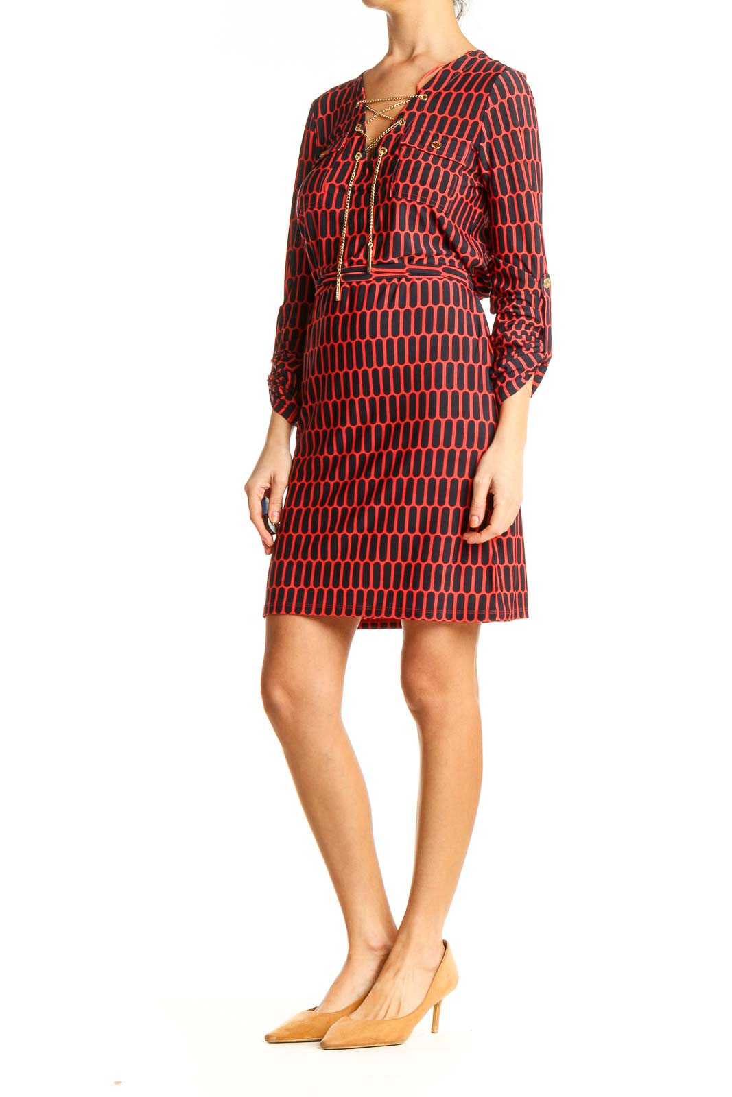 Red Geometric Print Classic Sheath Dress