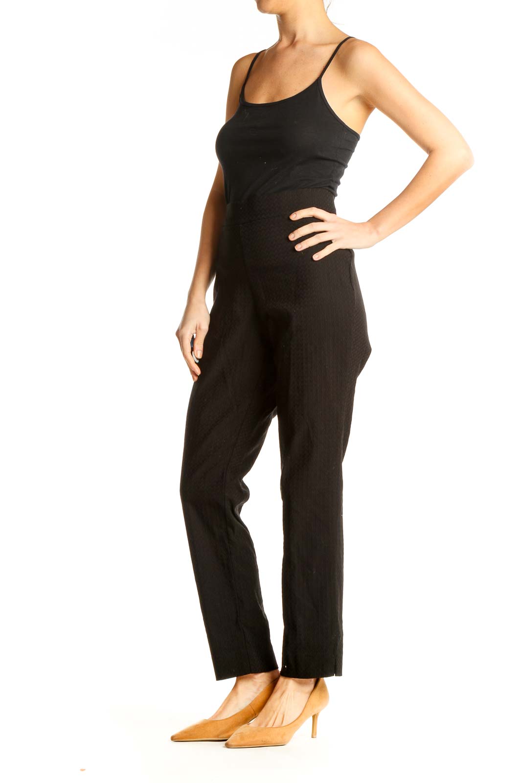 Black Textured Classic High Waisted Trousers