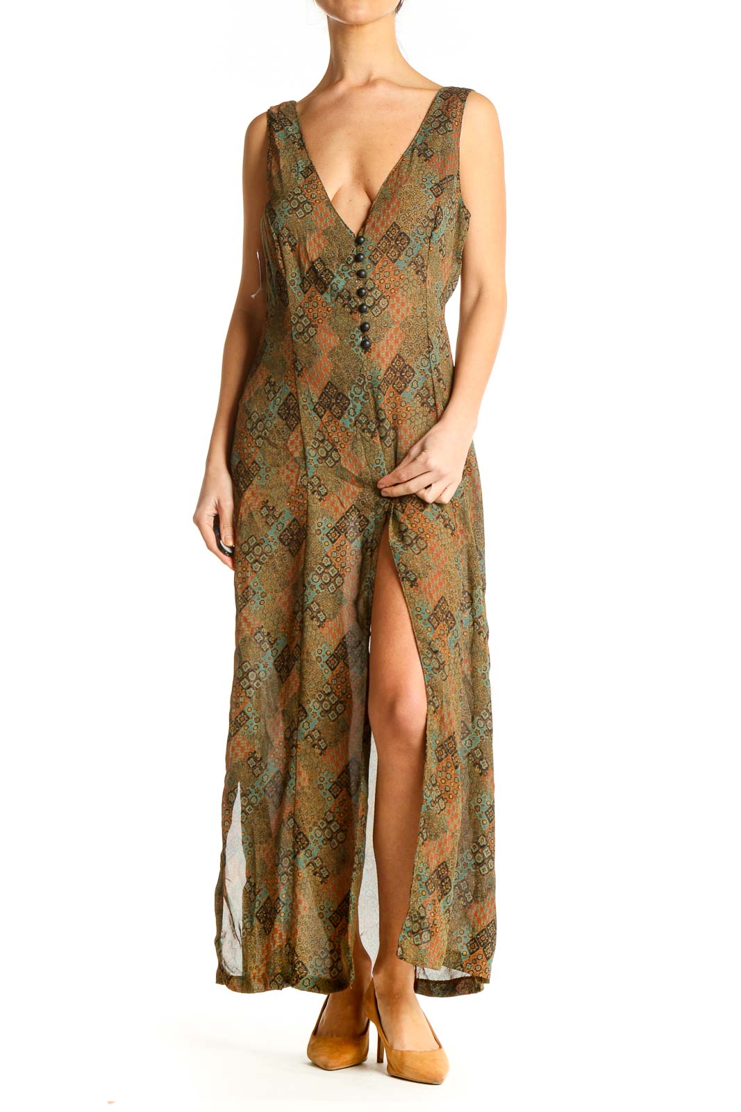 Brown Bohemian Printed Column Dress