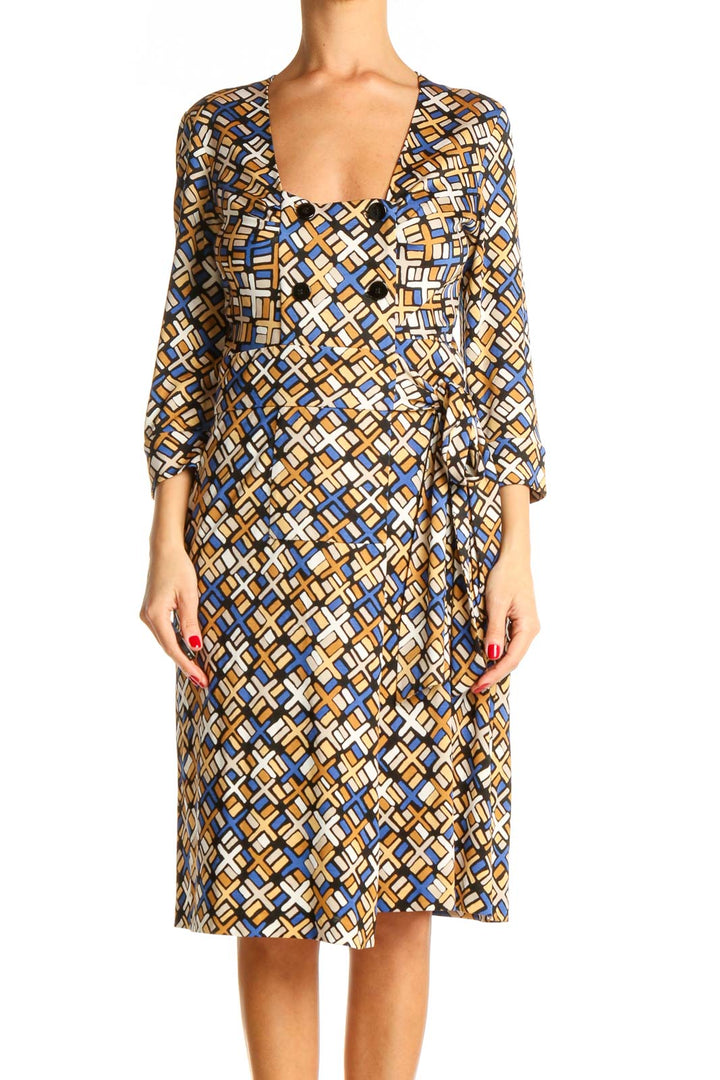 Blue Geometric Print Bohemian Fit & Flare Dress