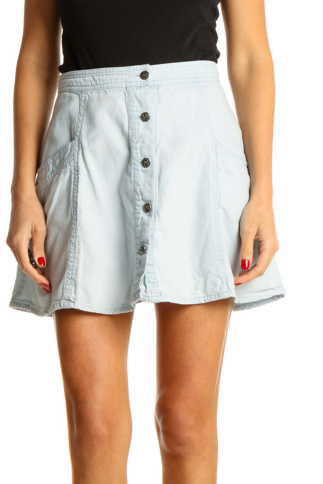 Front view of Free People light blue denim mini skirt with button-front design