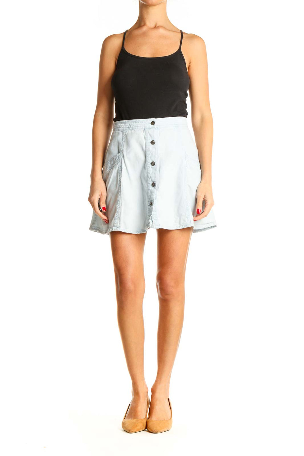 Front view of Free People light blue denim mini skirt with button-front design