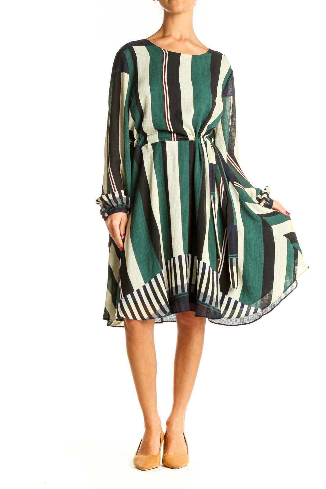 Green Striped Chic Fit & Flare Dress