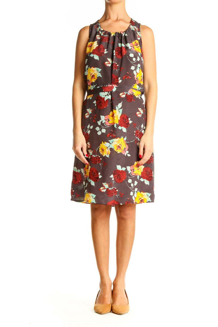 Brown Floral Print Day A-Line Dress