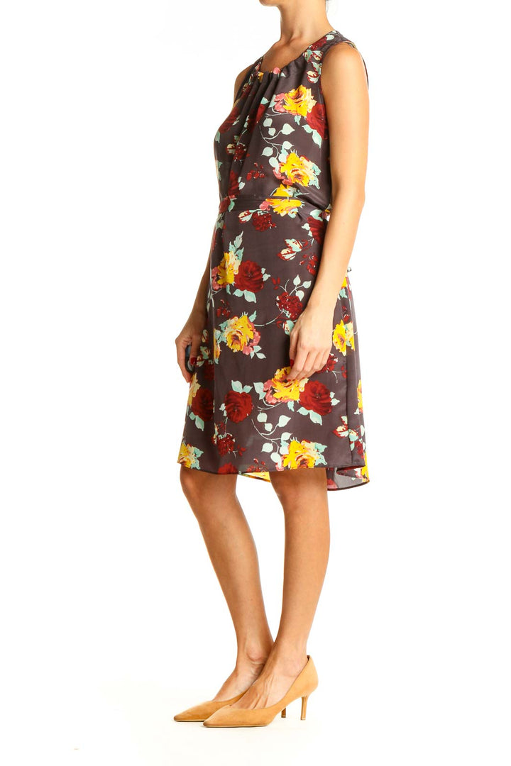 Brown Floral Print Day A-Line Dress