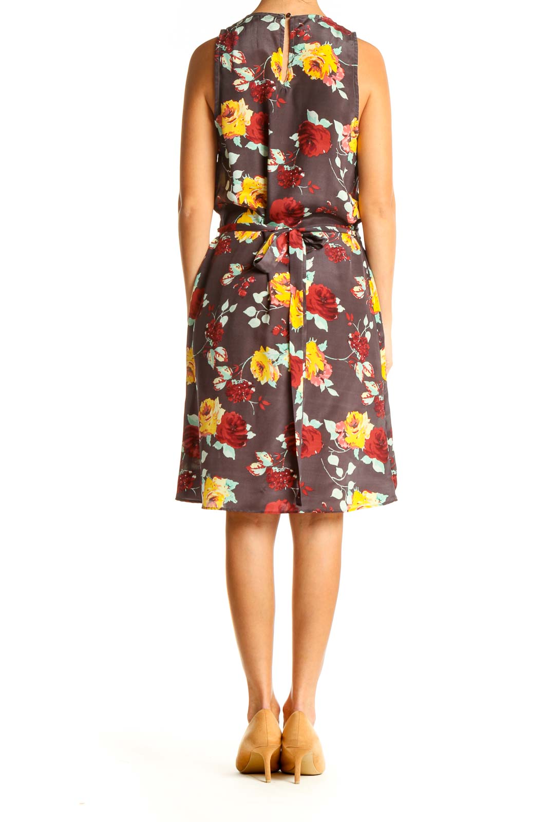 Brown Floral Print Day A-Line Dress