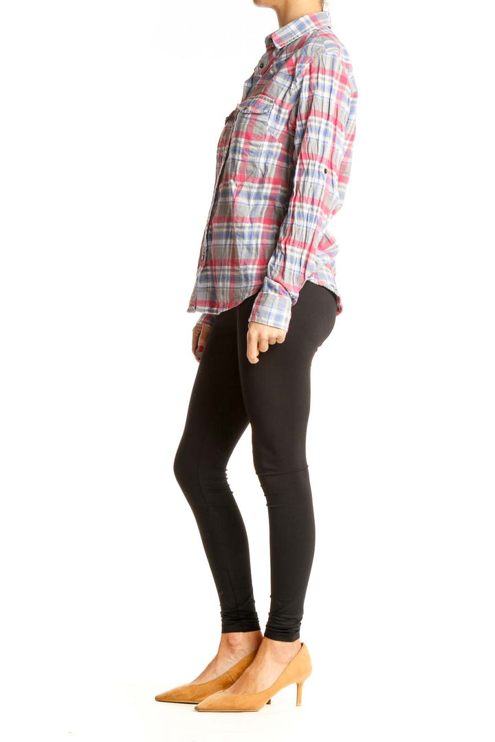 Gray Red Casual Checkered Top