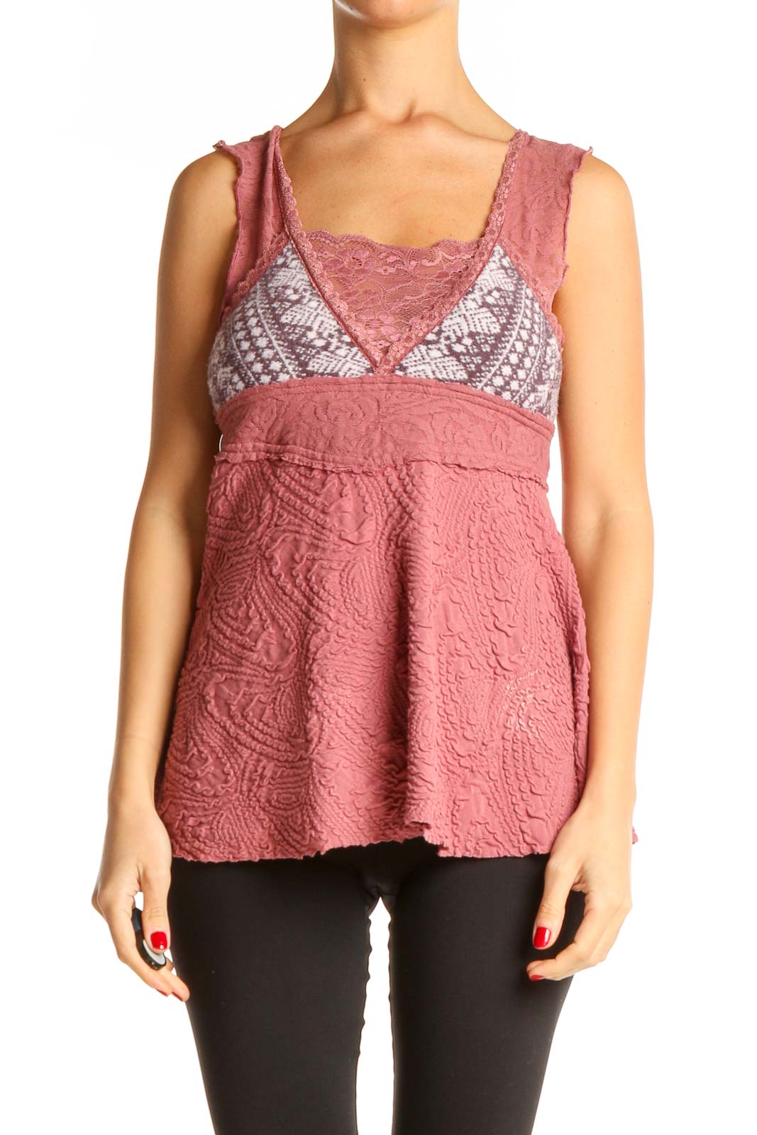 Front view of pink lace embroidered tank top from Free People