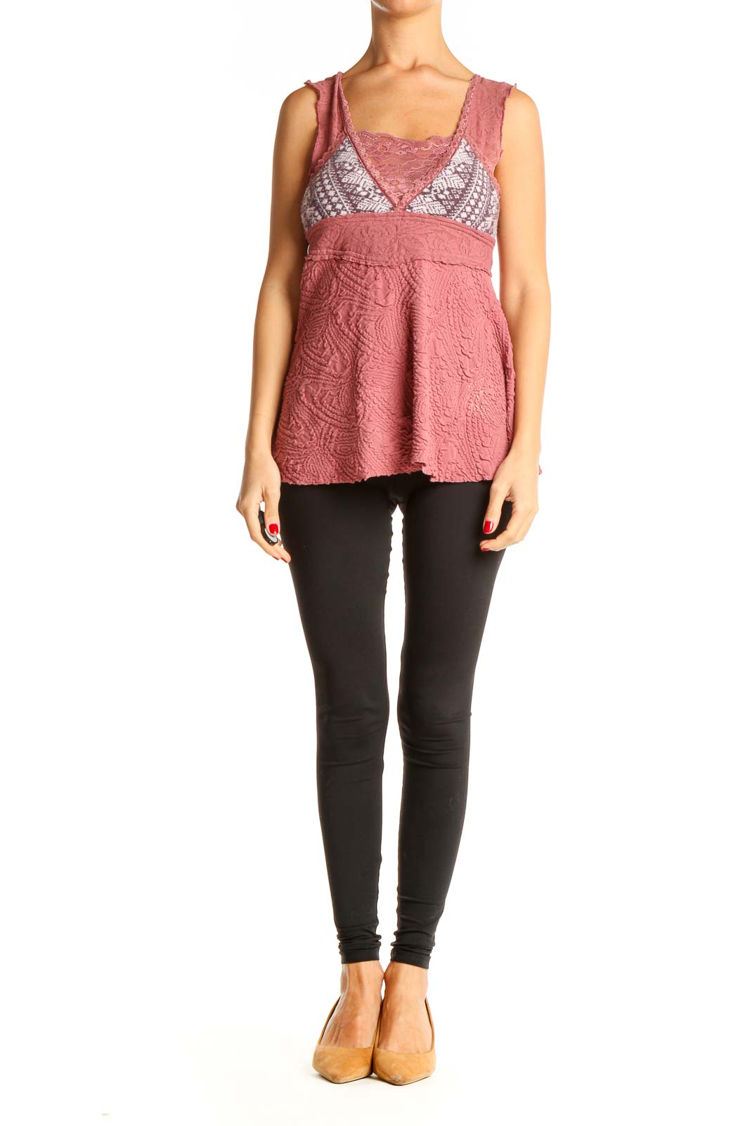 Front view of pink lace embroidered tank top from Free People