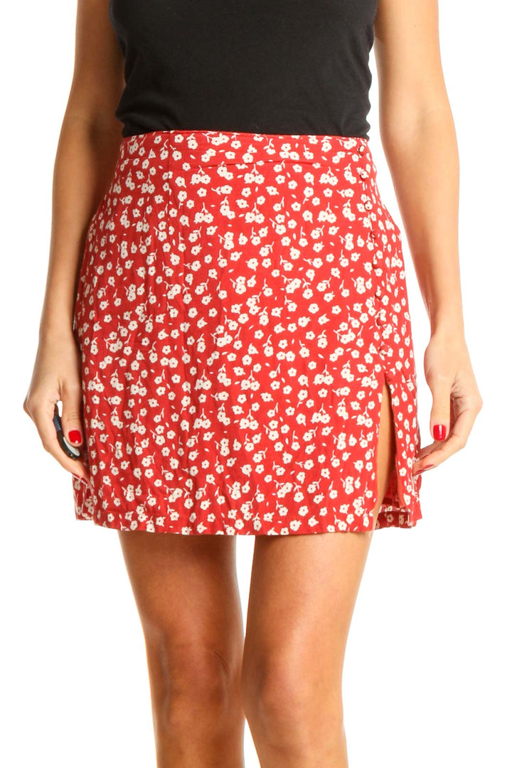 Red Floral Print Chic A-Line Skirt