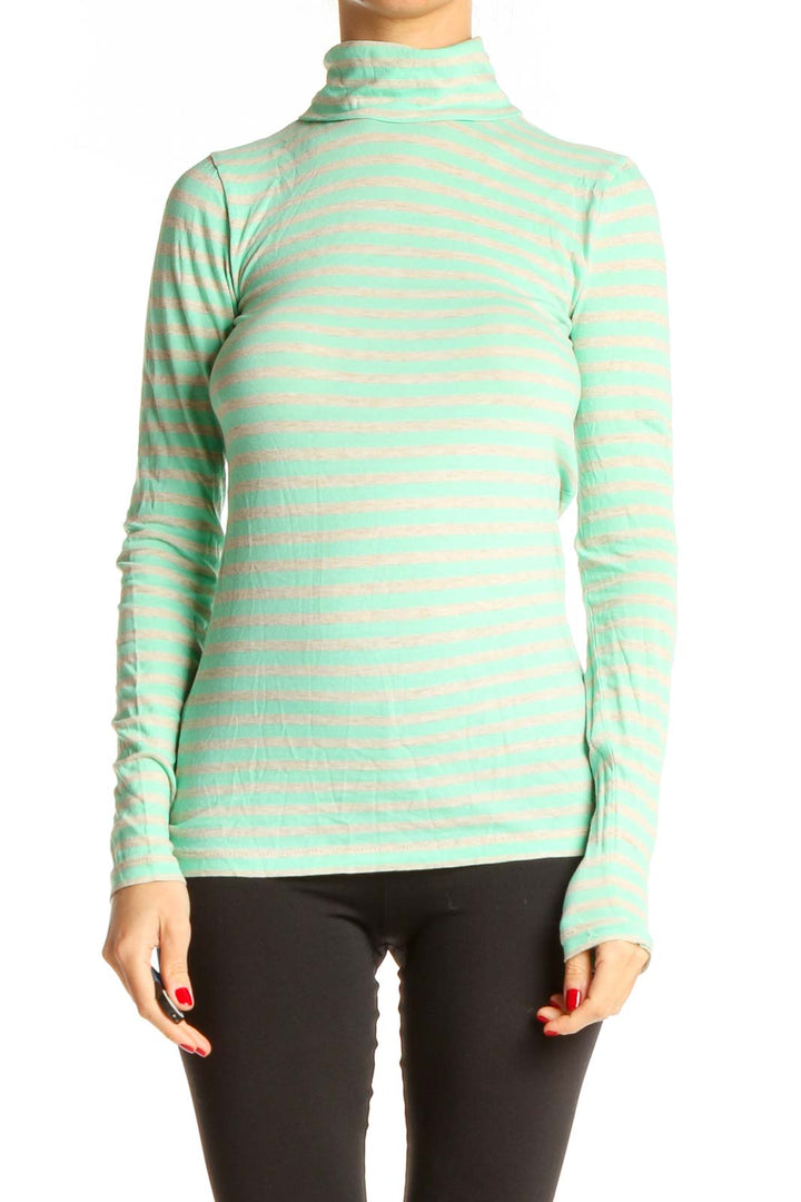 Green Striped Casual Turtleneck Top