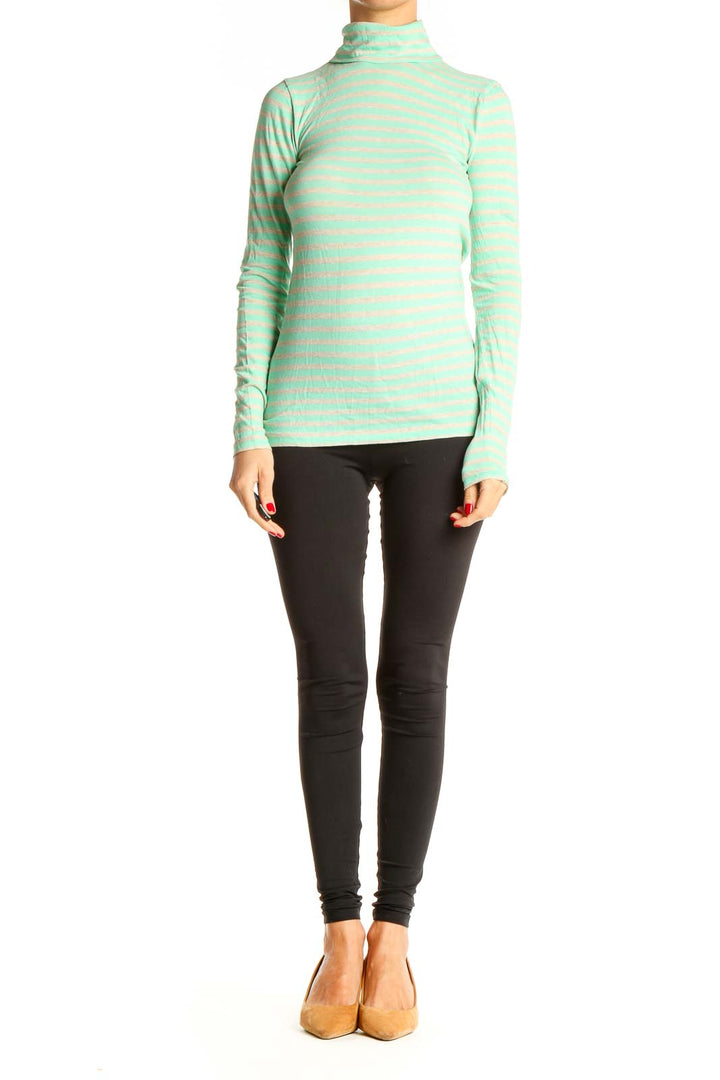 Green Striped Casual Turtleneck Top