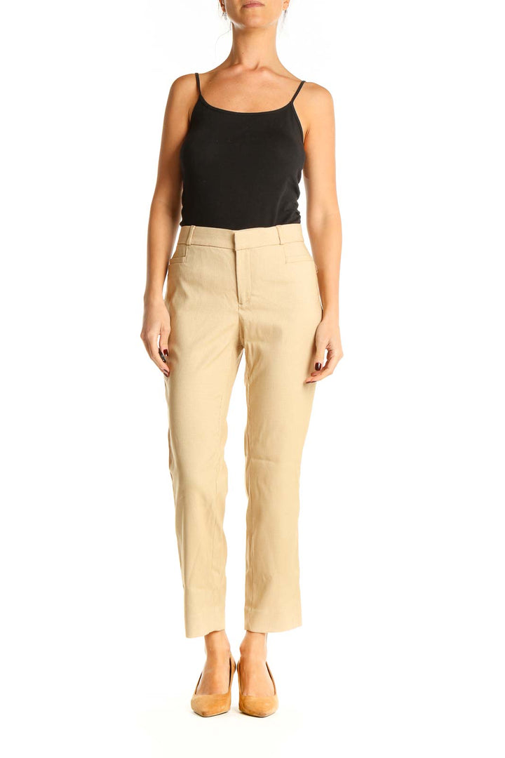 Beige Textured Casual Trousers