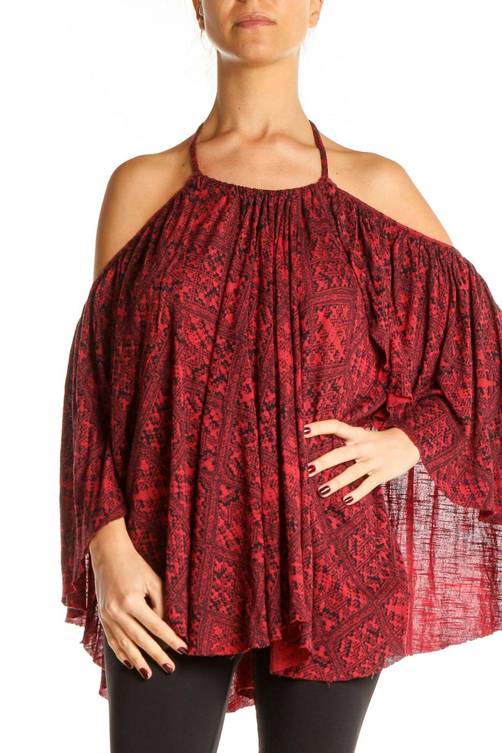 Front view of red floral cold shoulder halter top from Free People