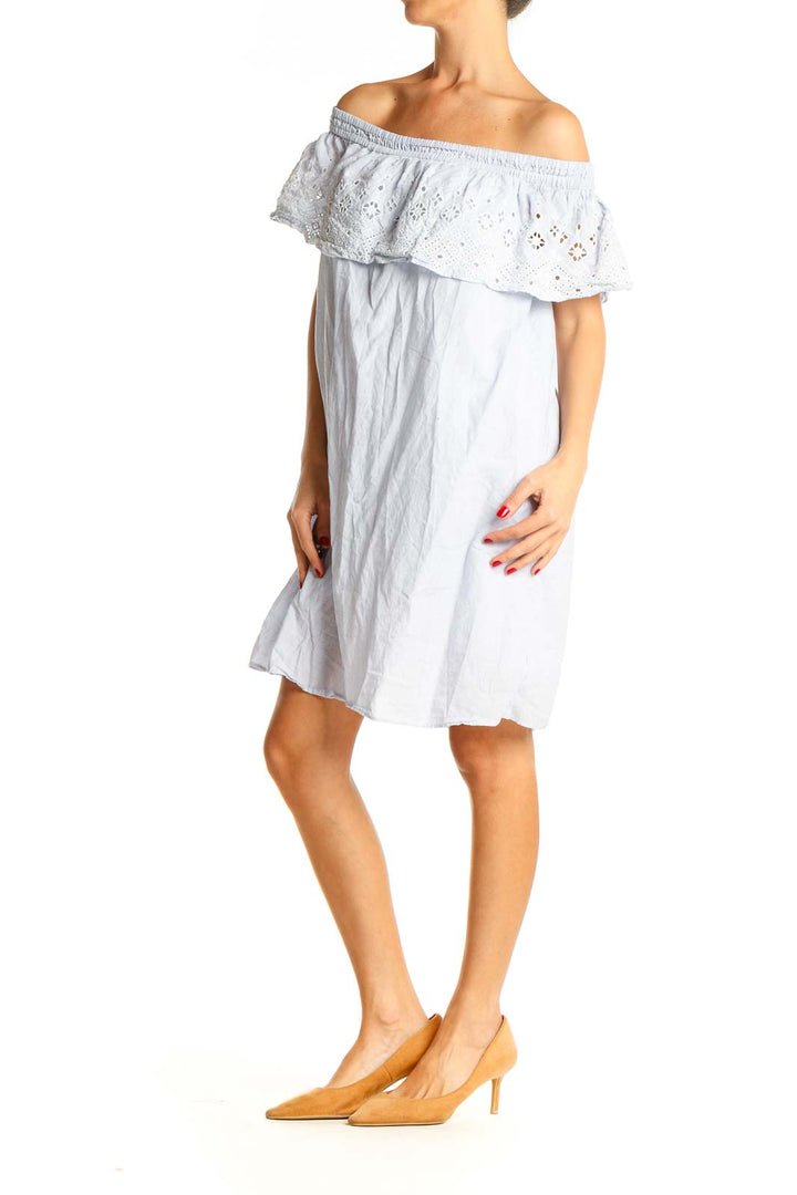 Blue Bohemian Off the Shoulder Eyelet Shift Dress