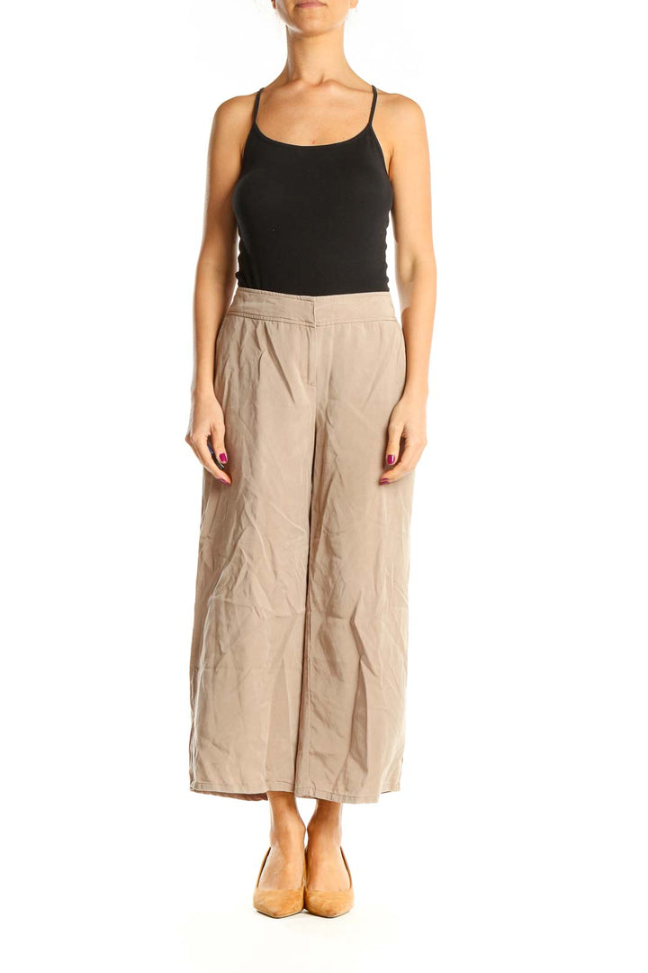 Beige Wide Leg Casual Trousers