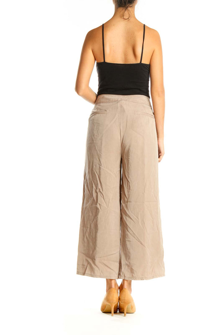 Beige Wide Leg Casual Trousers