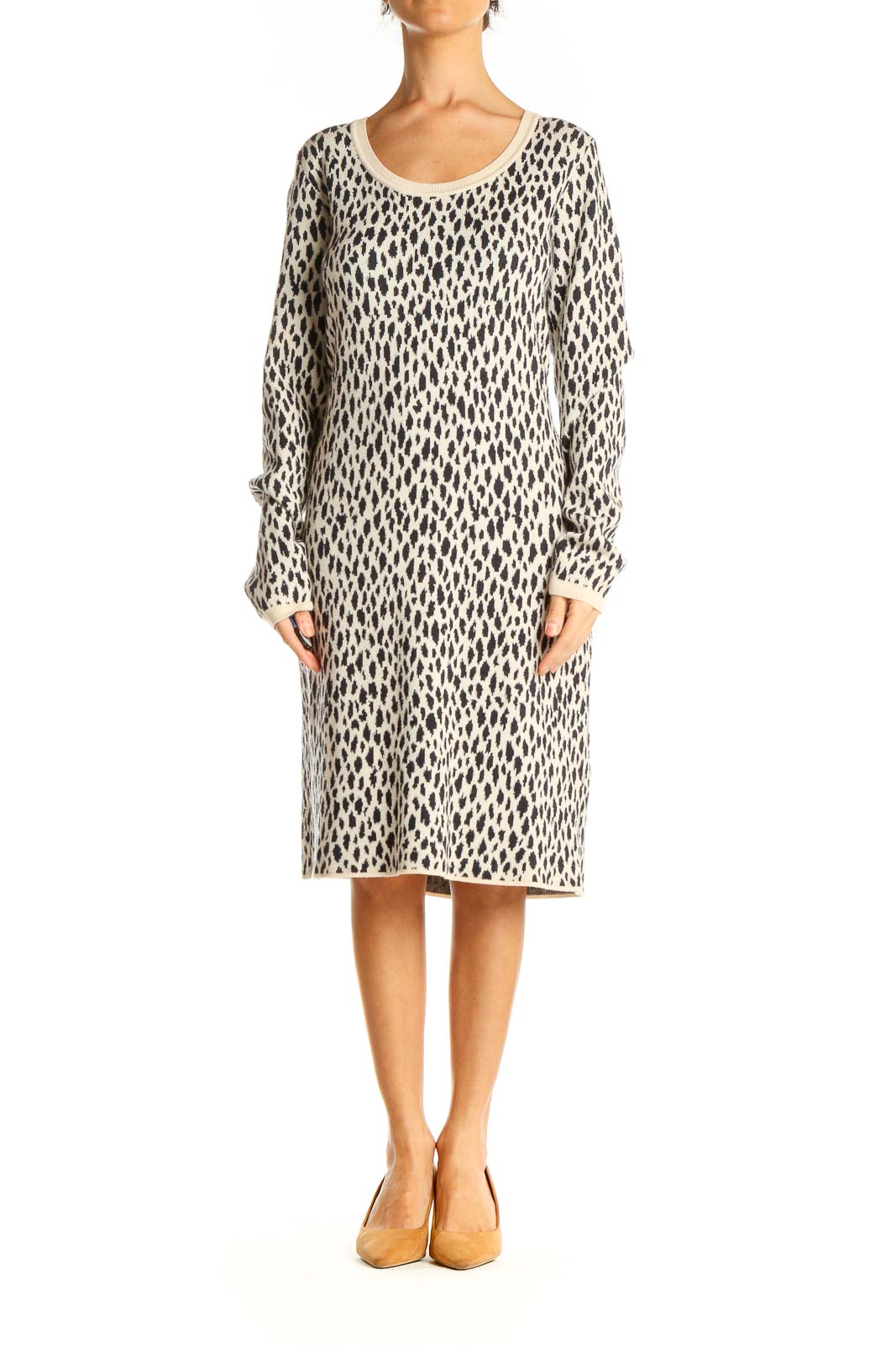 Beige Animal Print Sweater Shift Dress