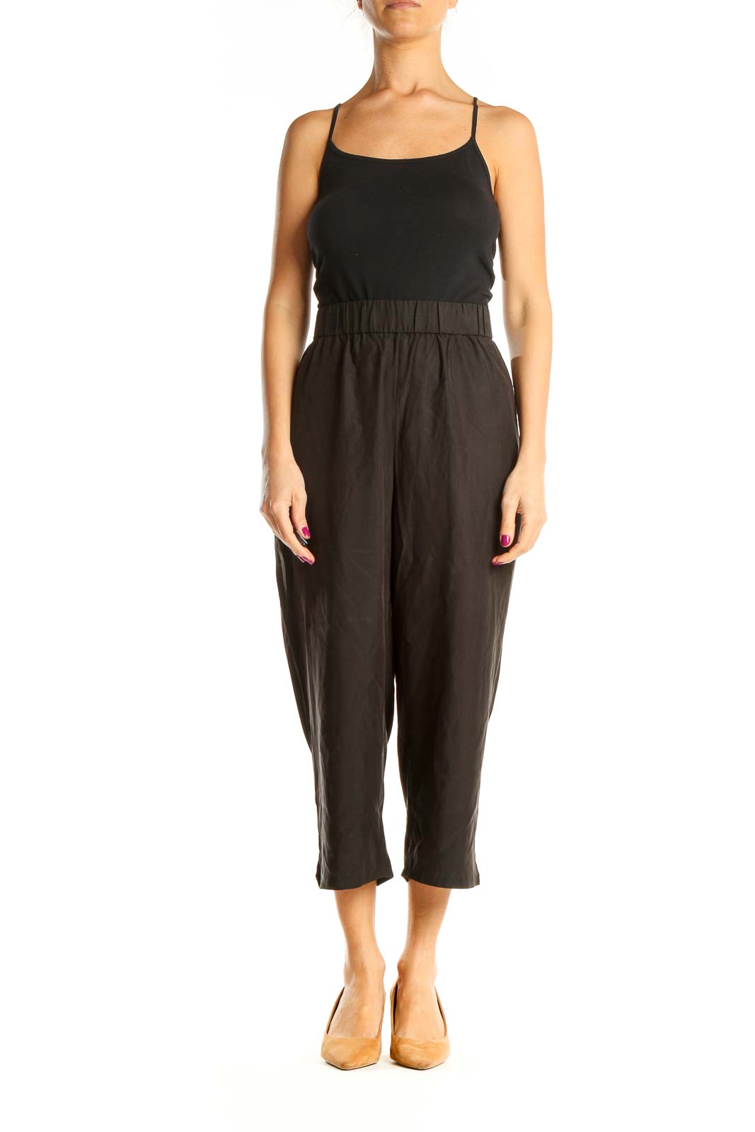 Black Textured Cropped Classic Trousers