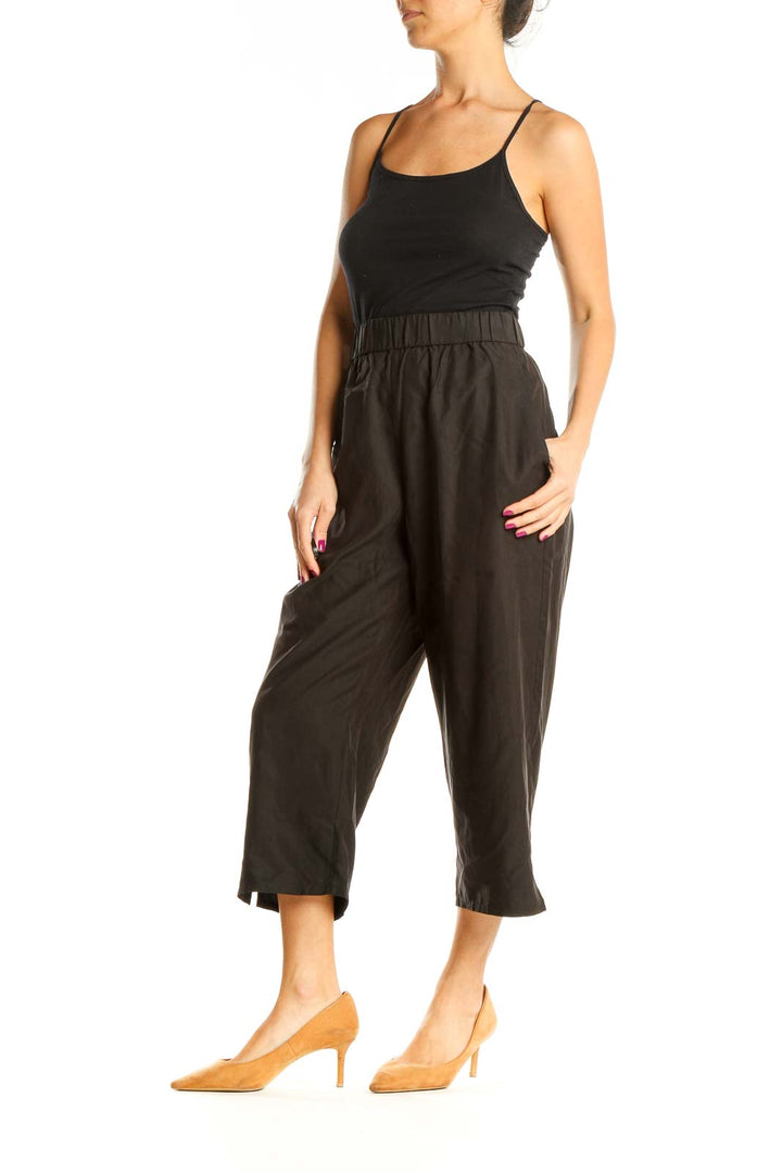 Black Textured Cropped Classic Trousers