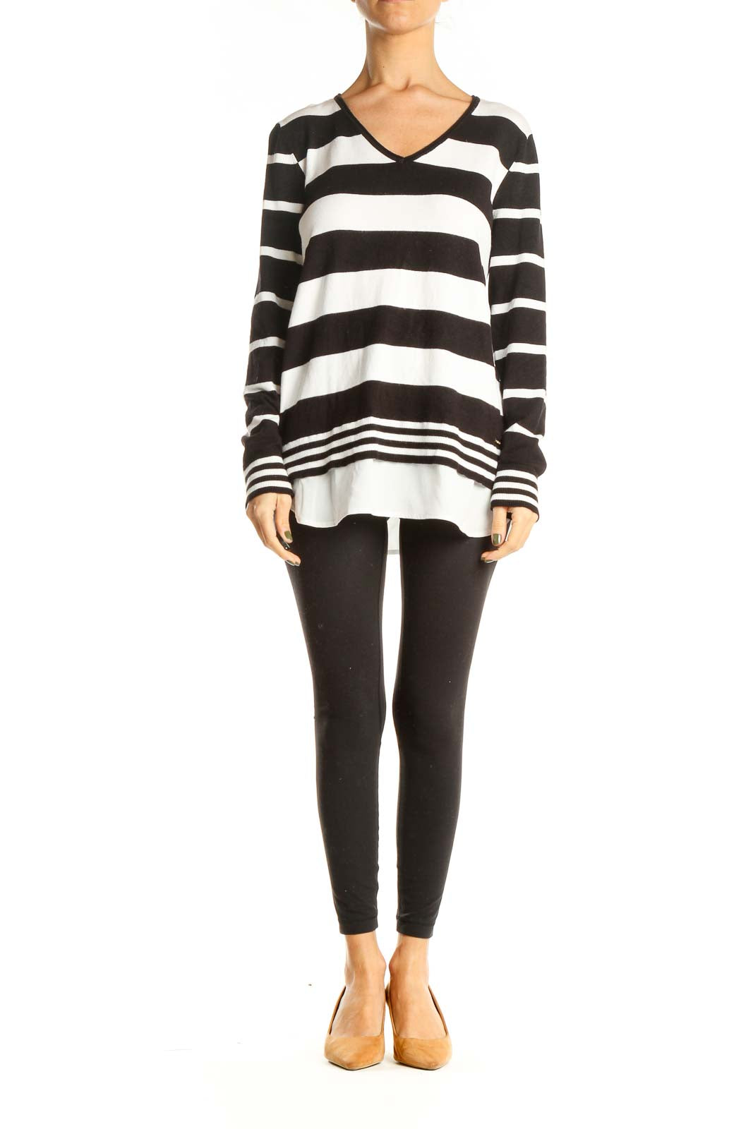 White Black Striped Casual Top