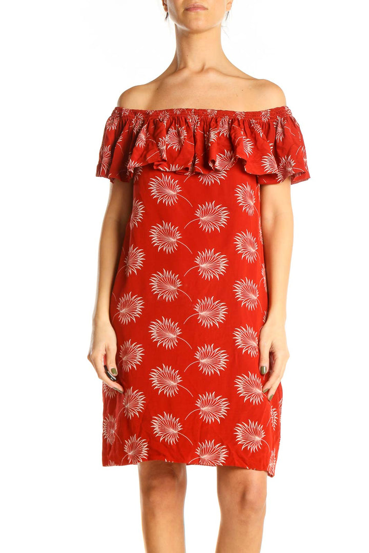 Red Printed Off The Shoulder Shift Dress