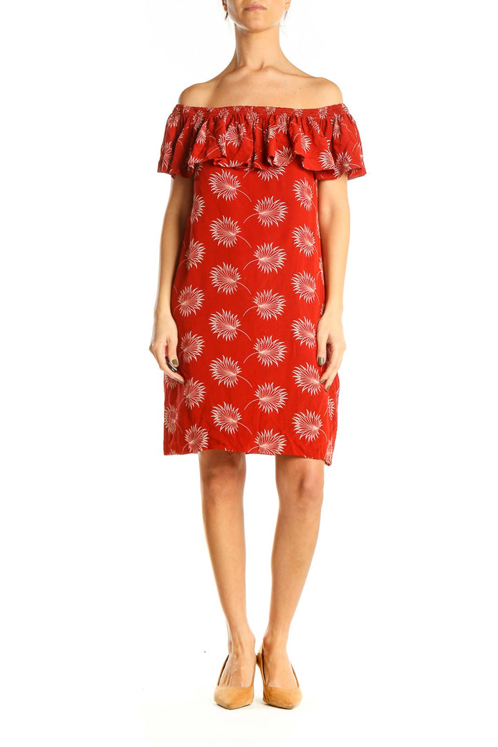 Red Printed Off The Shoulder Shift Dress