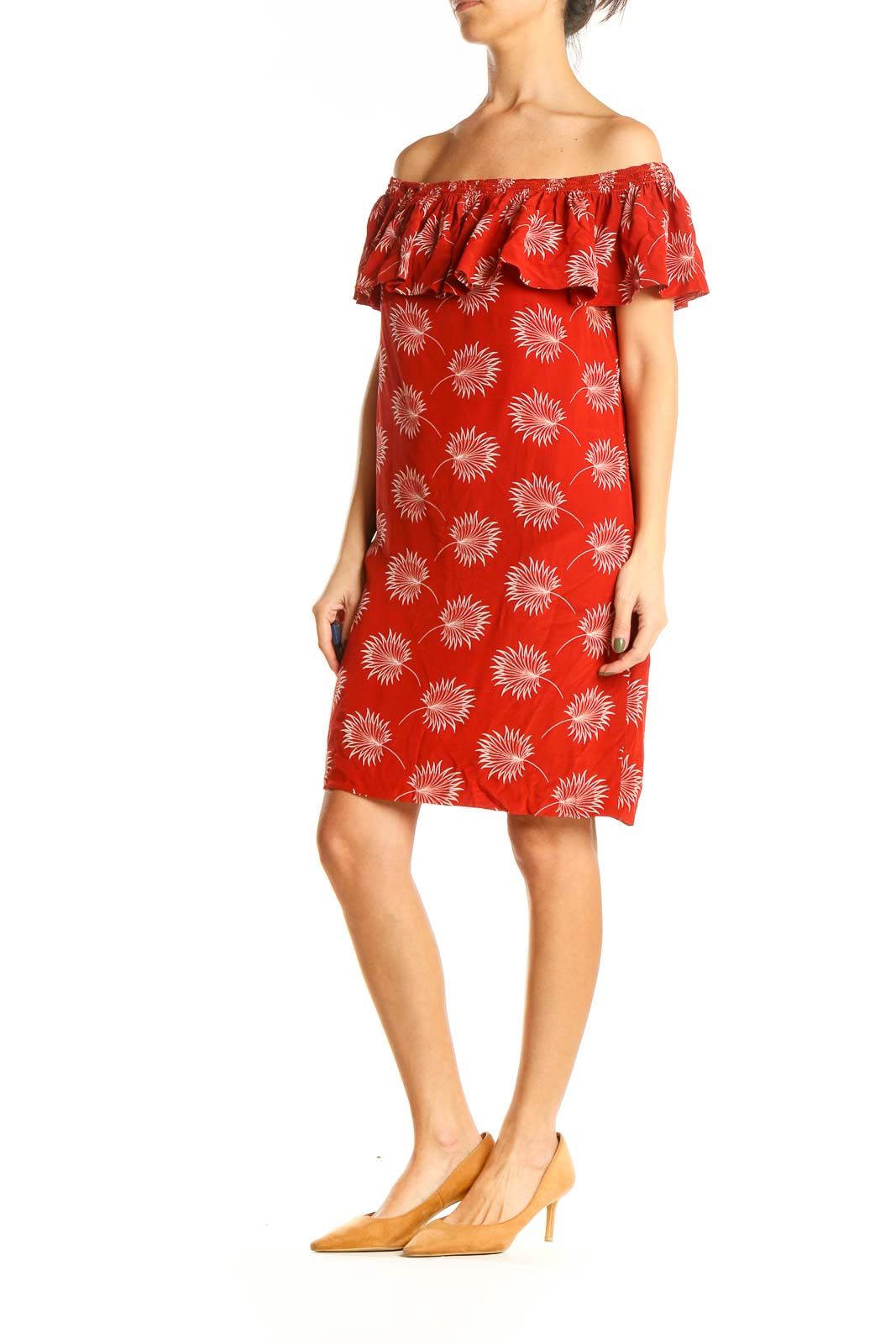 Red Printed Off The Shoulder Shift Dress