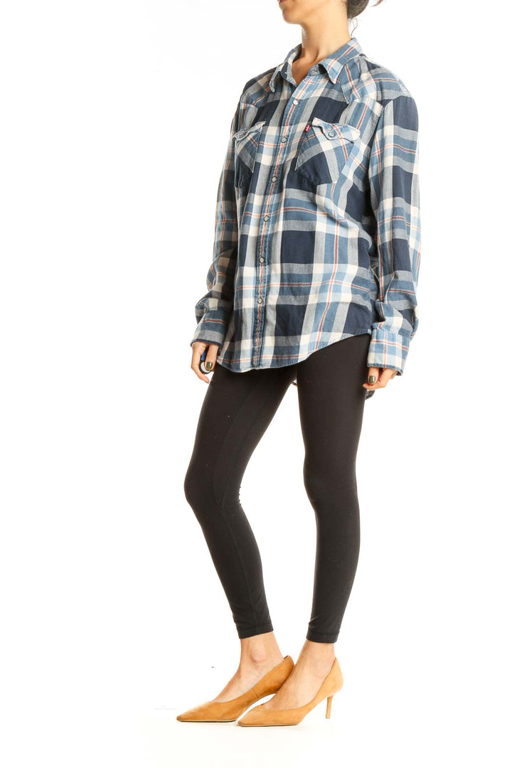 Blue Checkered Casual Top