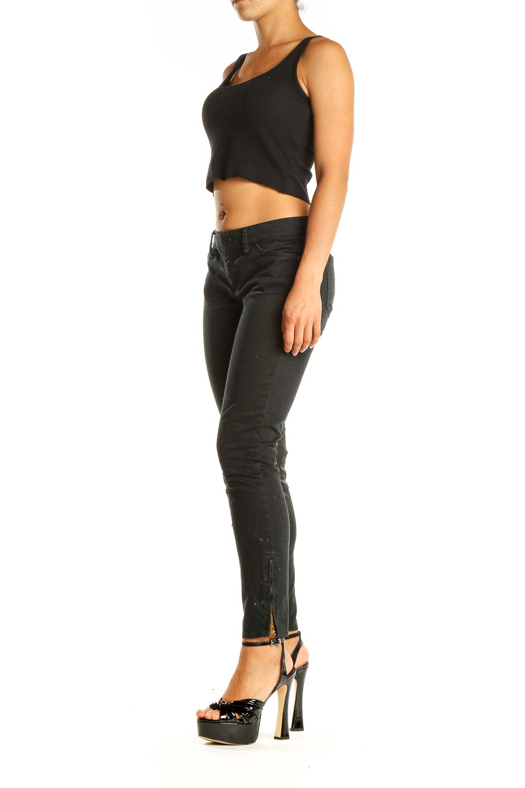 Black Textured Casual Pants