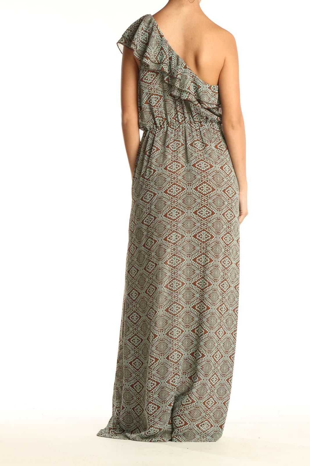 Green Aztec Print Bohemian Fit & Flare One Shoulder Dress