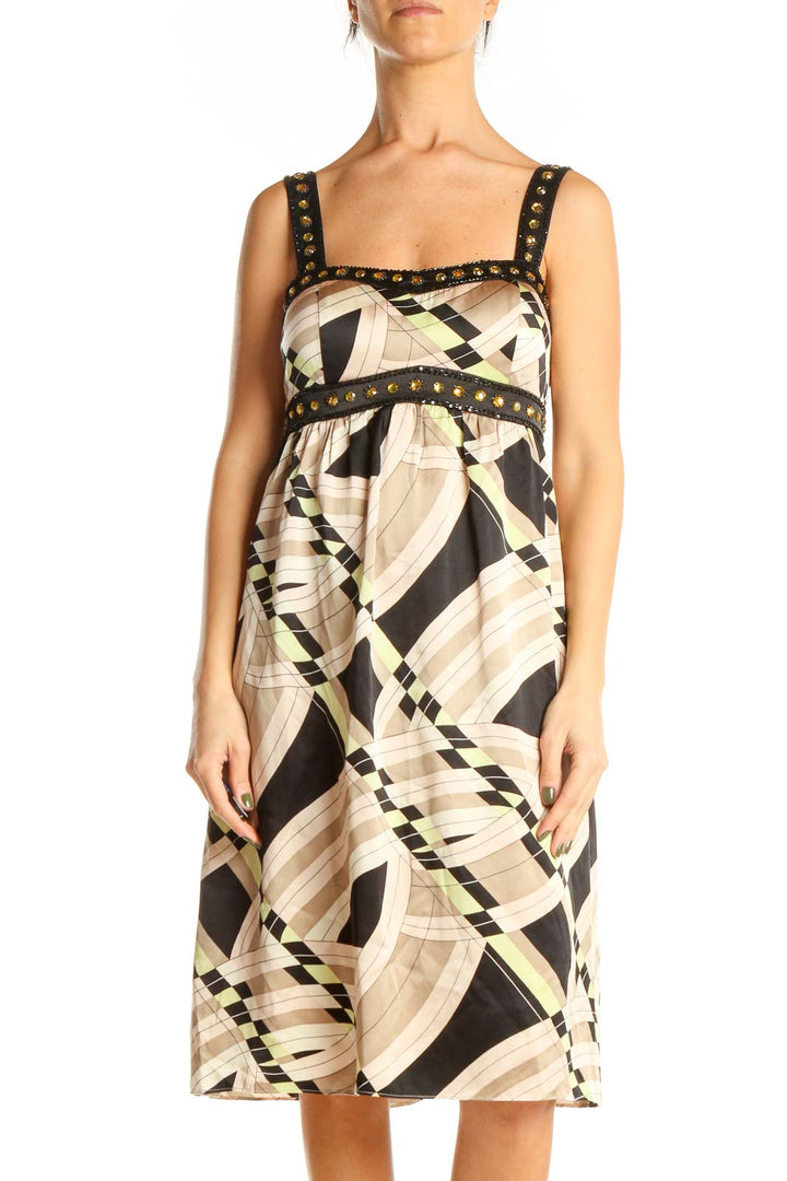 Beige Graphic Print Retro Sheath Dress