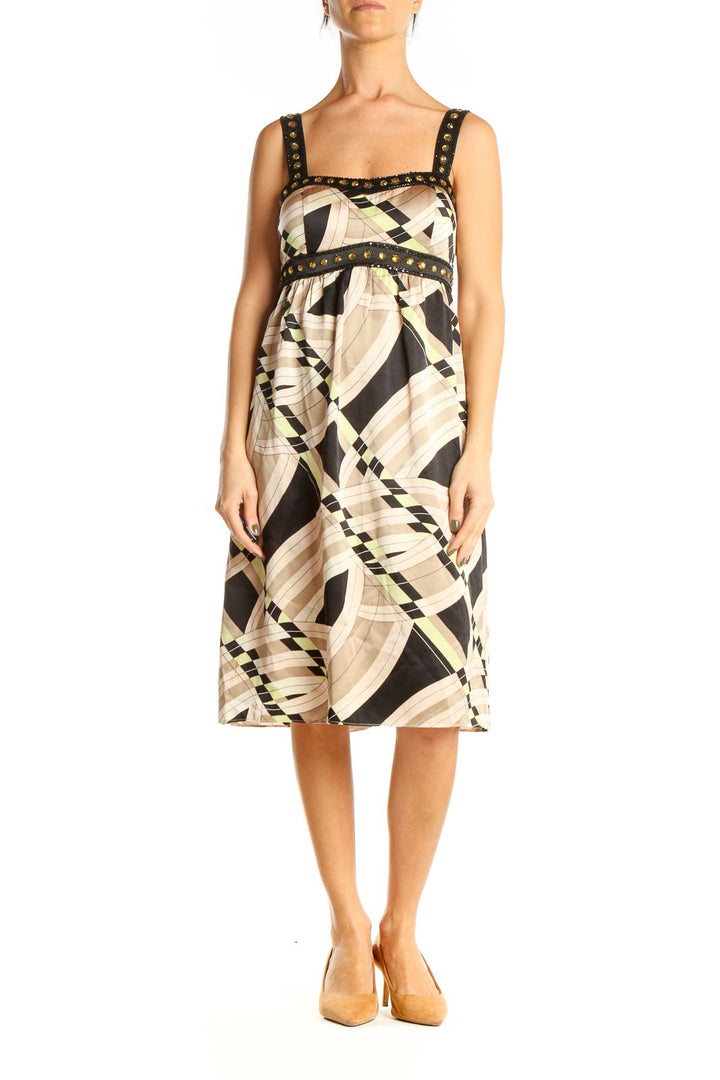 Beige Graphic Print Retro Sheath Dress