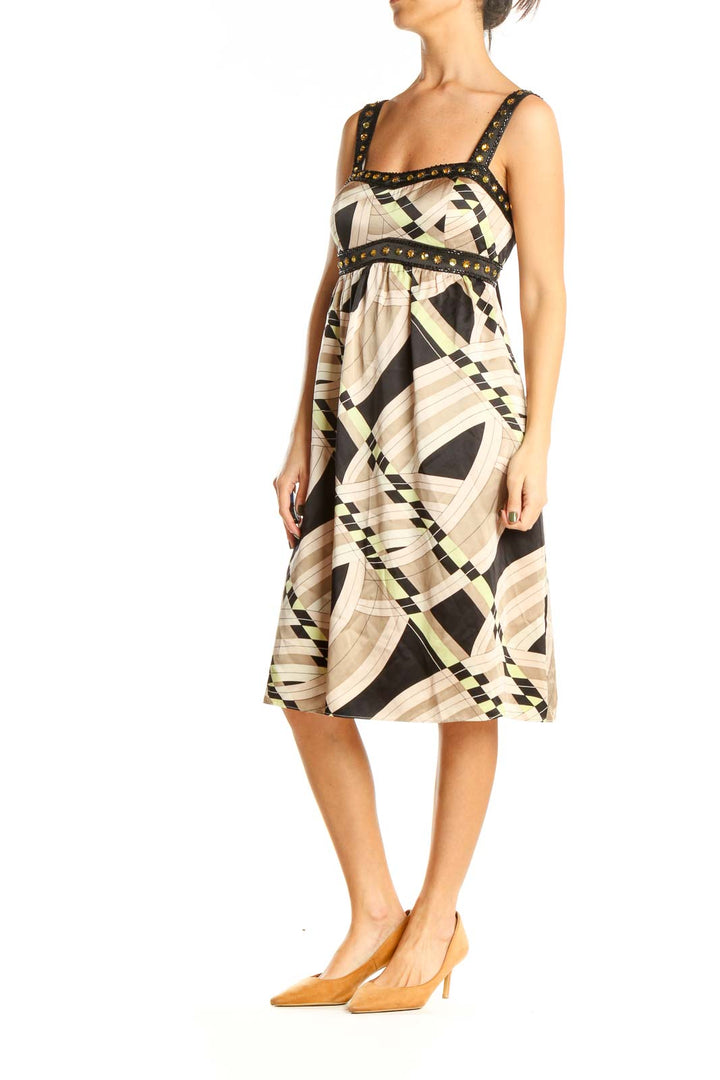 Beige Graphic Print Retro Sheath Dress