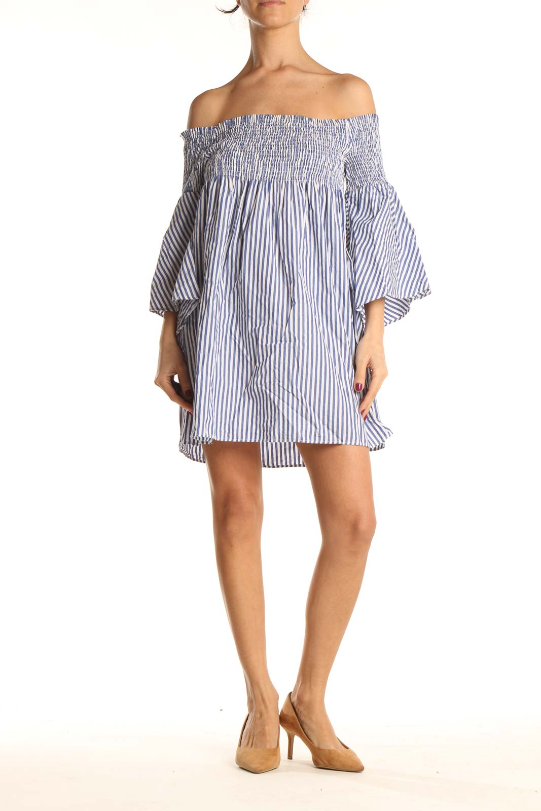 Blue Striped Off The Shoulder Dress