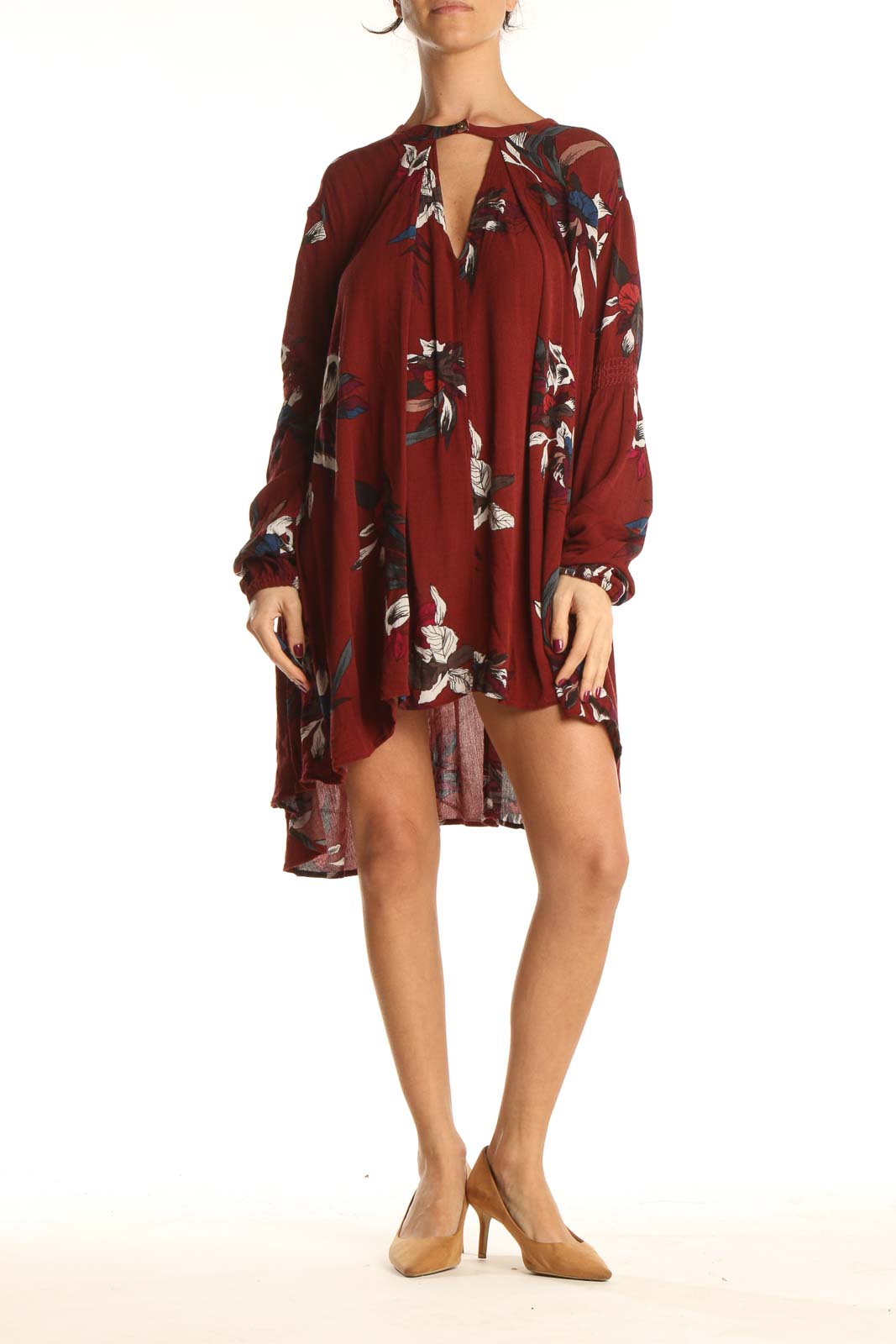 Front view of burgundy floral Free People dress with V-neckline and long sleeves