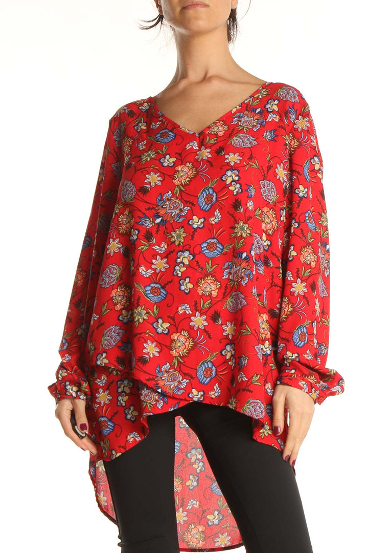 Red Floral Print Holiday Blouse