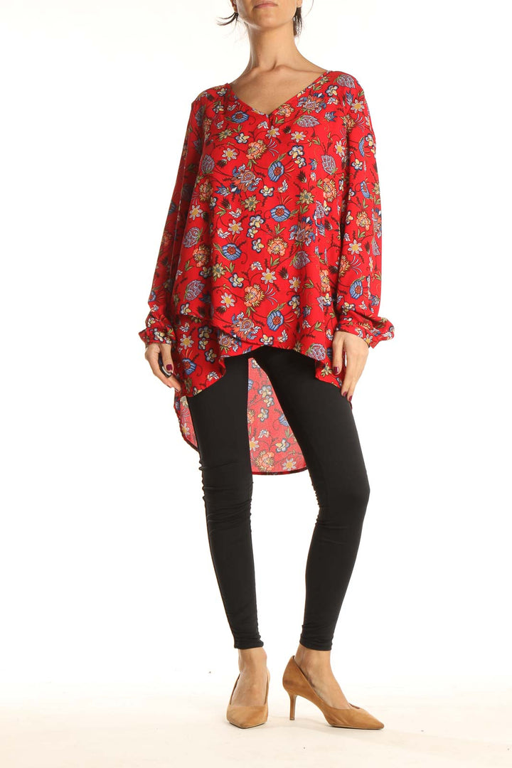 Red Floral Print Holiday Blouse