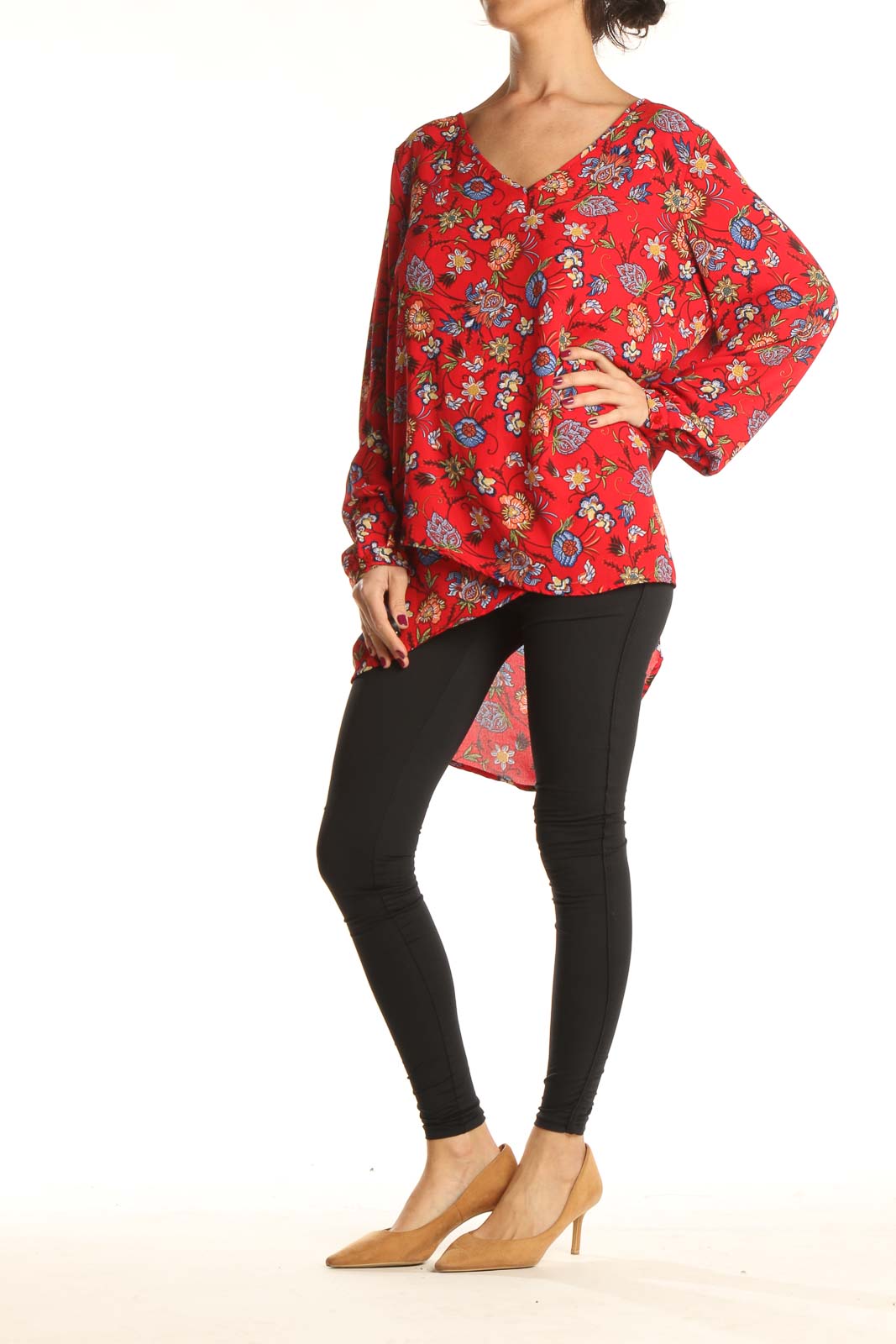 Red Floral Print Holiday Blouse