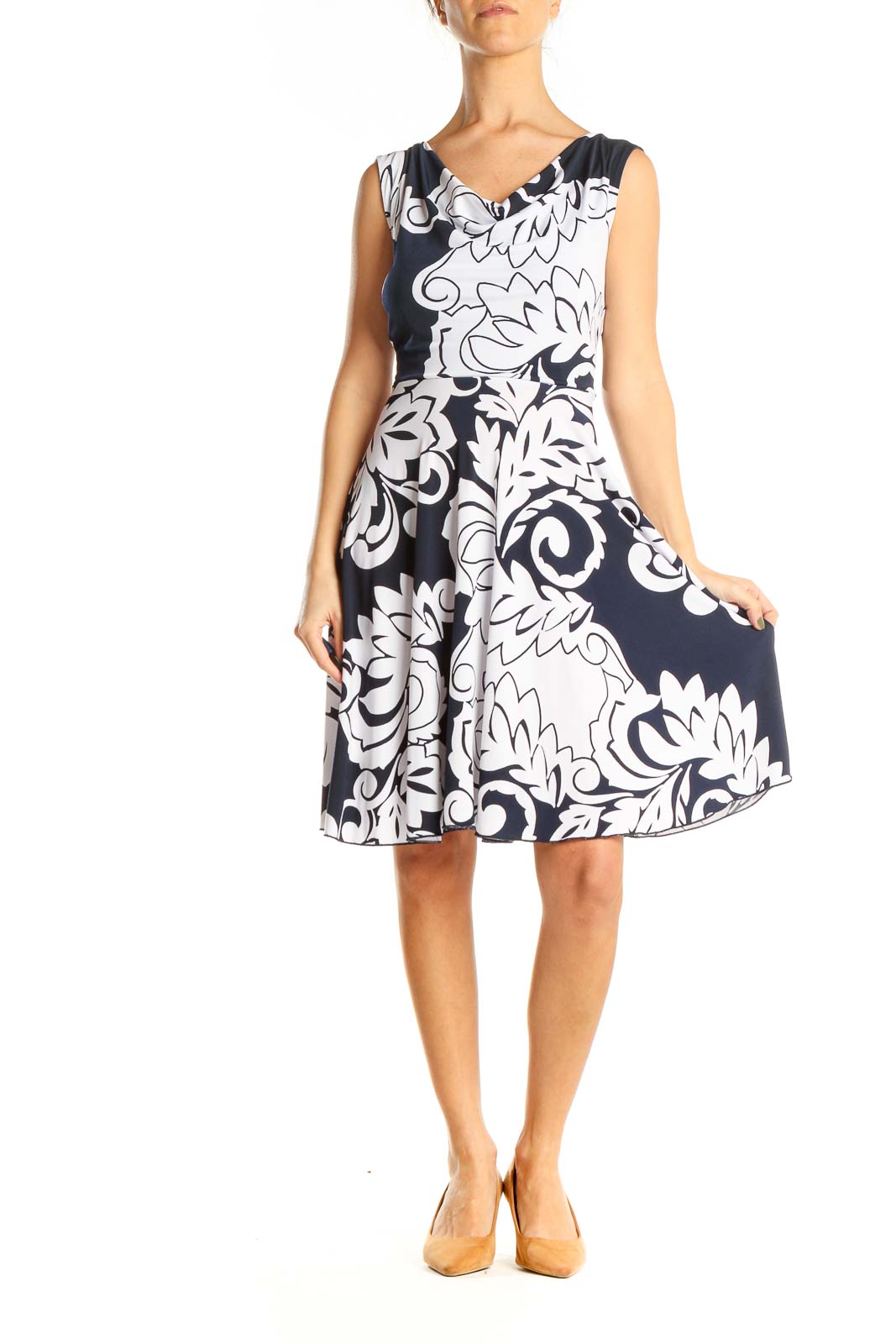 White Blue Graphic Print Fit & Flare Dress