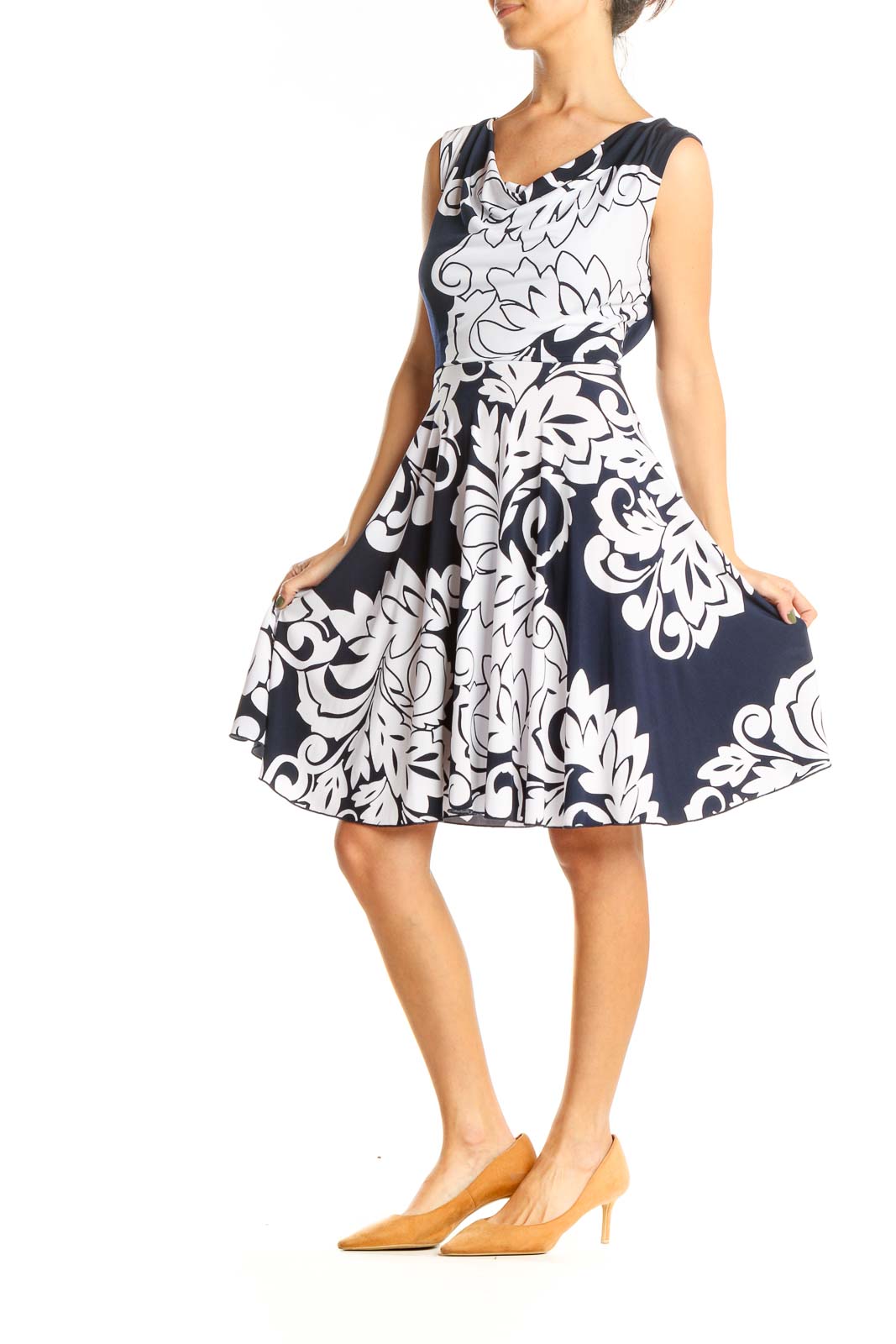 White Blue Graphic Print Fit & Flare Dress