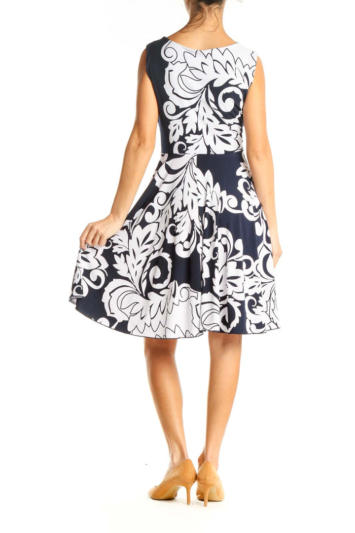 White Blue Graphic Print Fit & Flare Dress