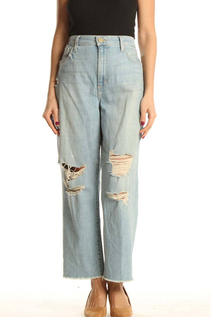 Blue Distressed Straight Leg Jeans