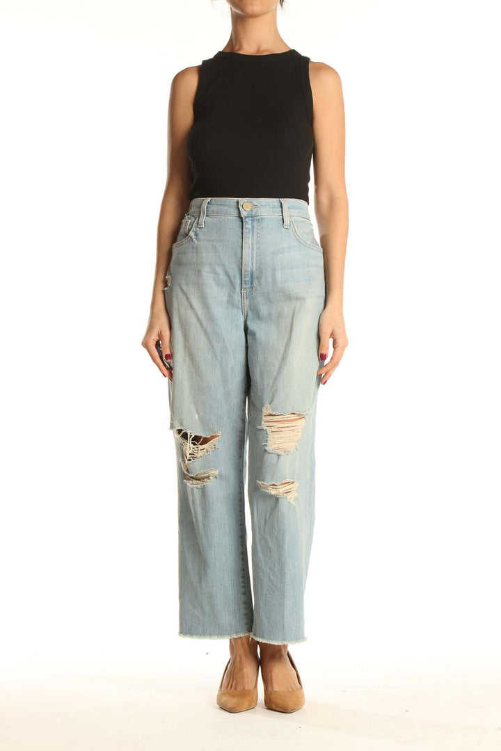 Blue Distressed Straight Leg Jeans