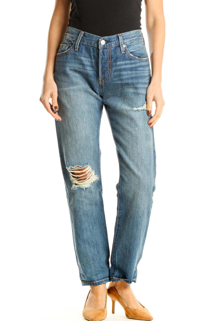 Blue Distressed Straight Leg Jeans