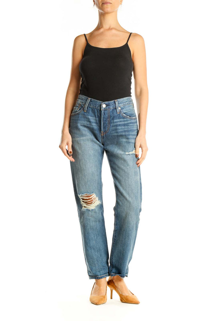 Blue Distressed Straight Leg Jeans