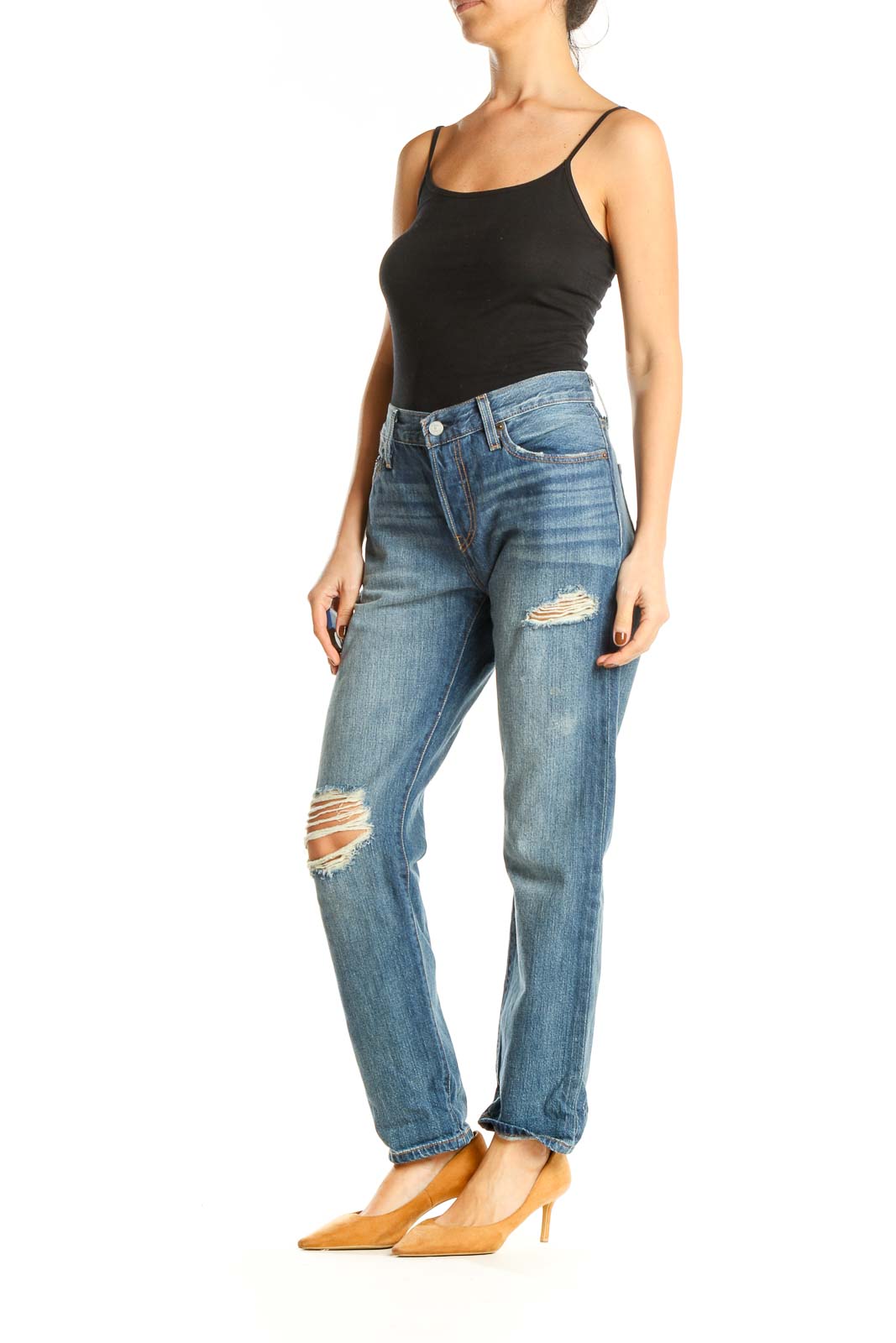 Blue Distressed Straight Leg Jeans