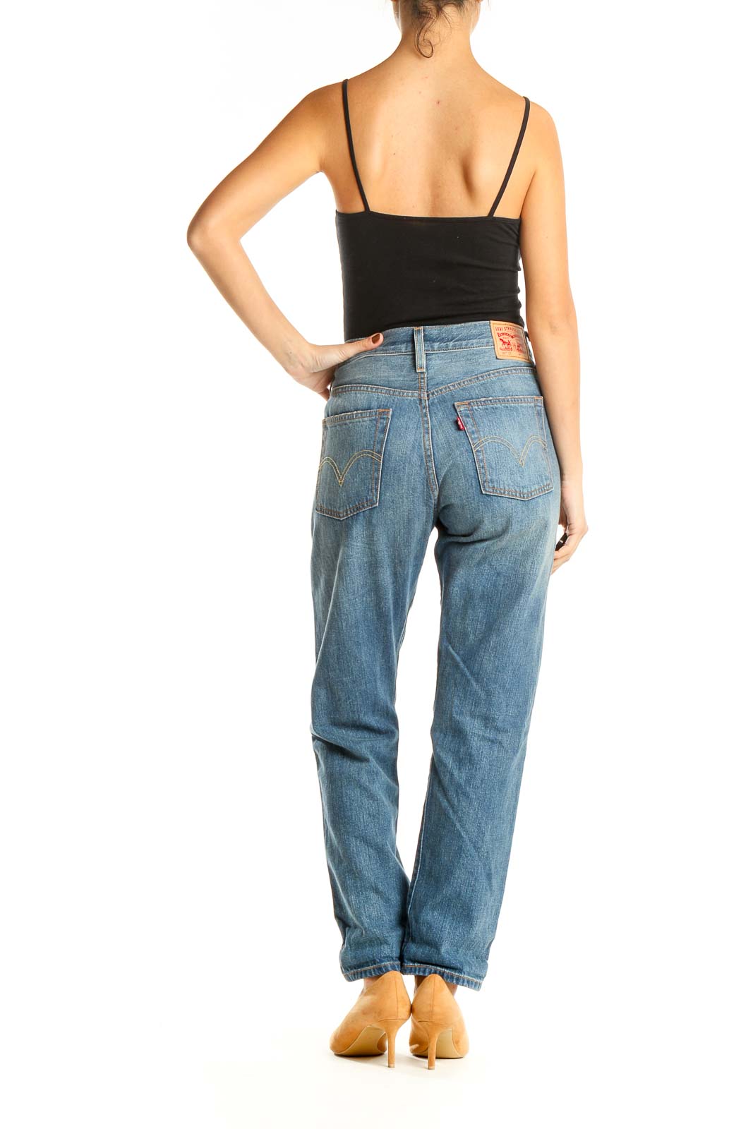 Blue Distressed Straight Leg Jeans