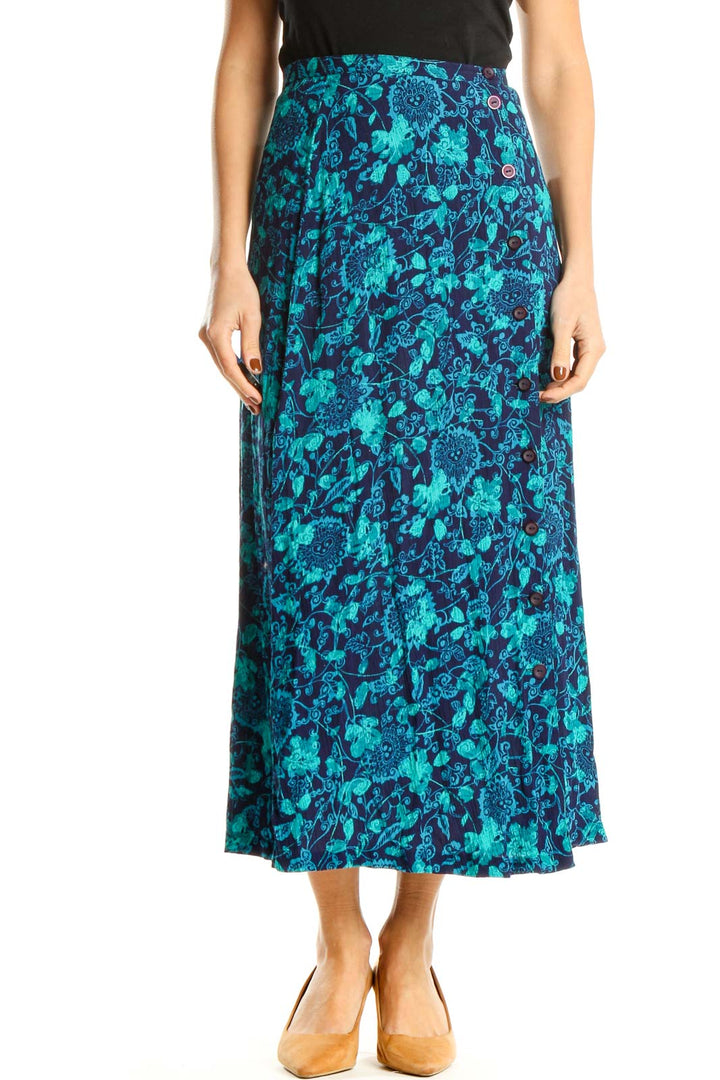 Blue Floral Print Holiday Midi Skirt